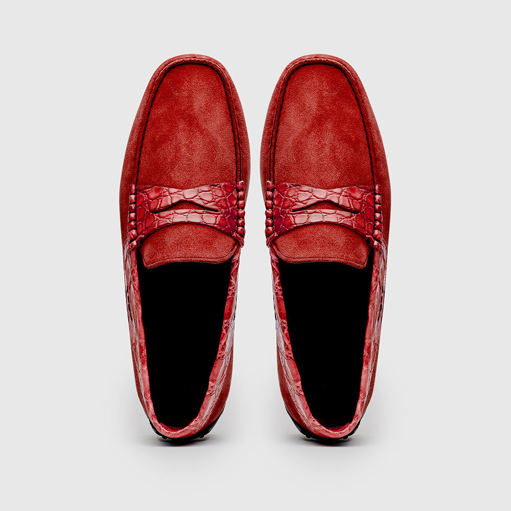 31-160-RED MONZA Sueded Calfskin with Crocodile Driver, Red