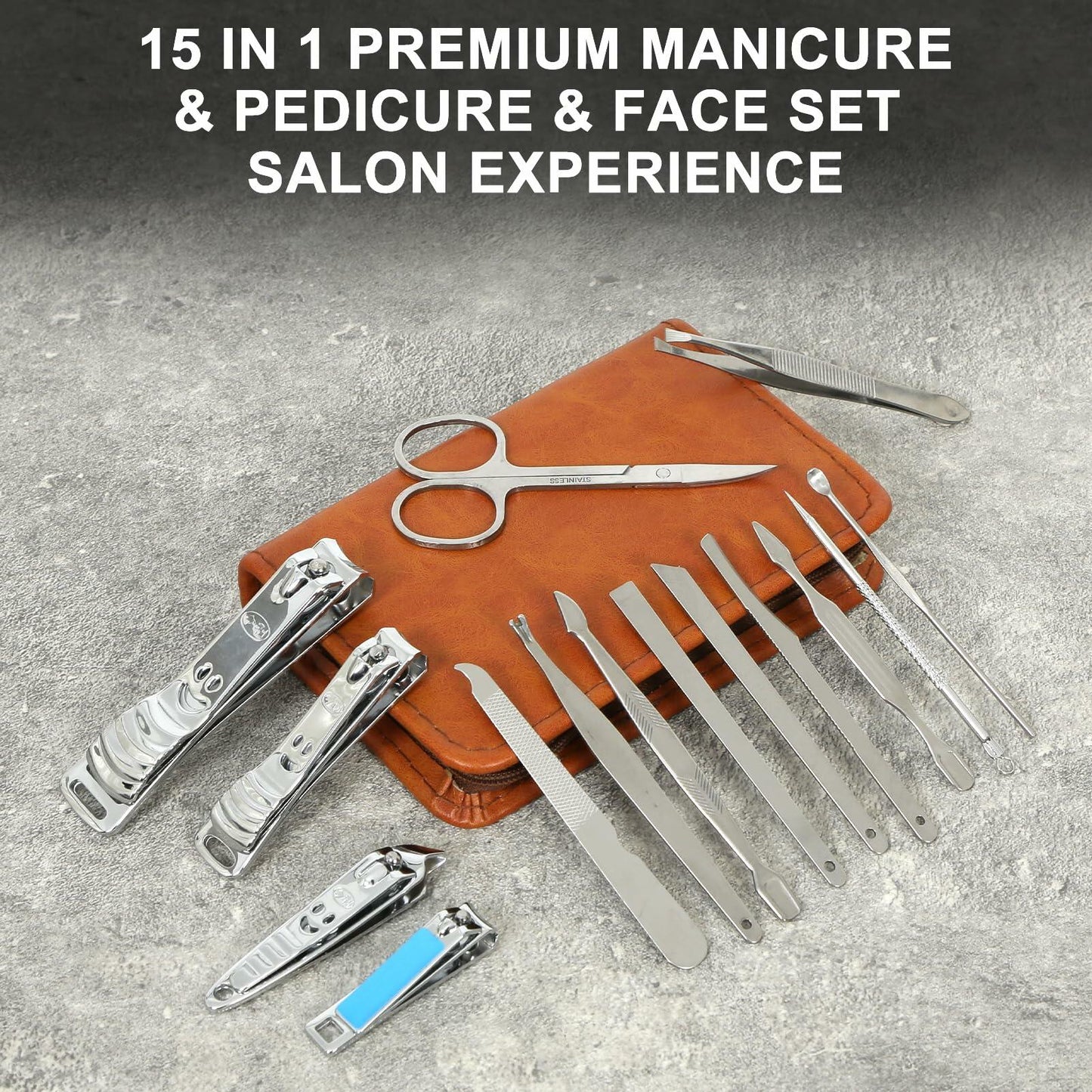 Manicure Set Nail Clippers Pedicure Kit 15Pcs Stainless Steel Brown Case
