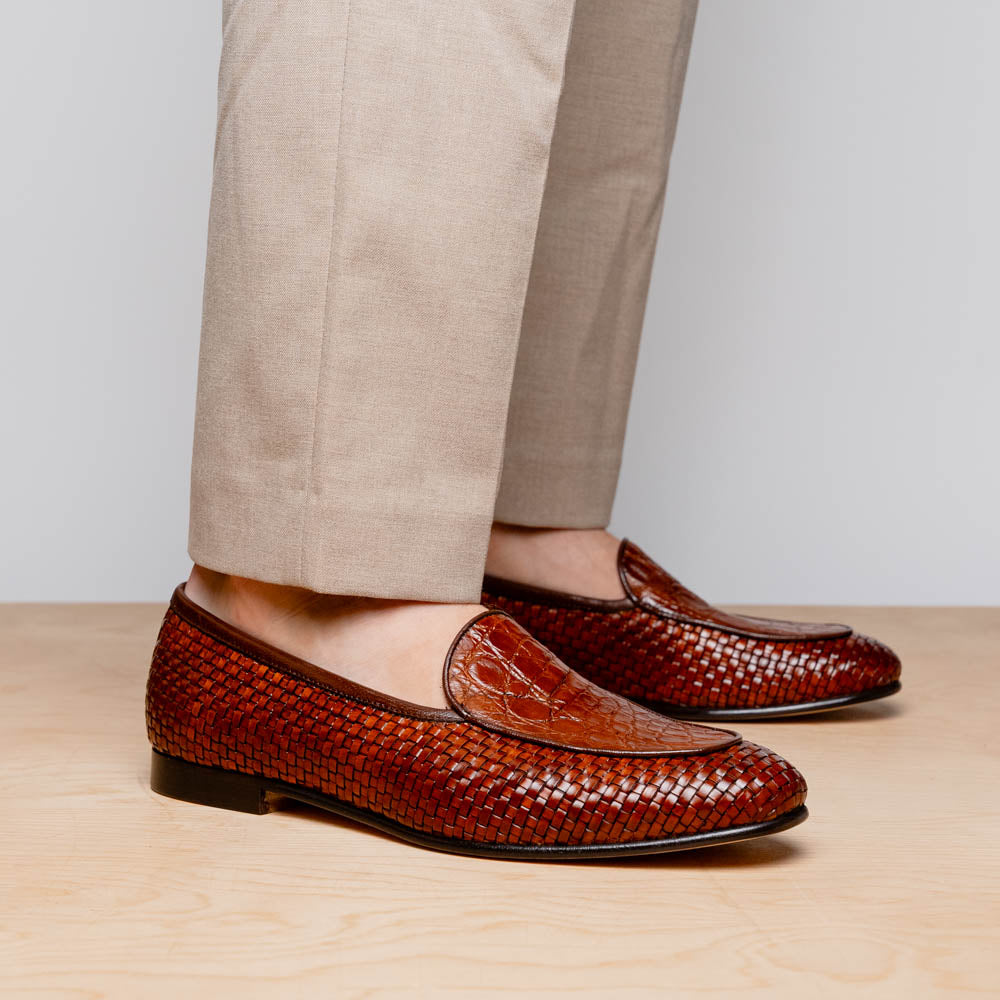 11-620-CGN PALIO Genuine Crocodile and Calfskin Basketweave Slip On, Cognac