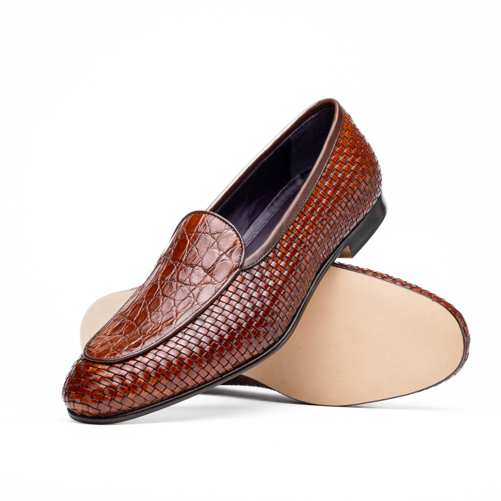 11-620-CGN PALIO Genuine Crocodile and Calfskin Basketweave Slip On, Cognac