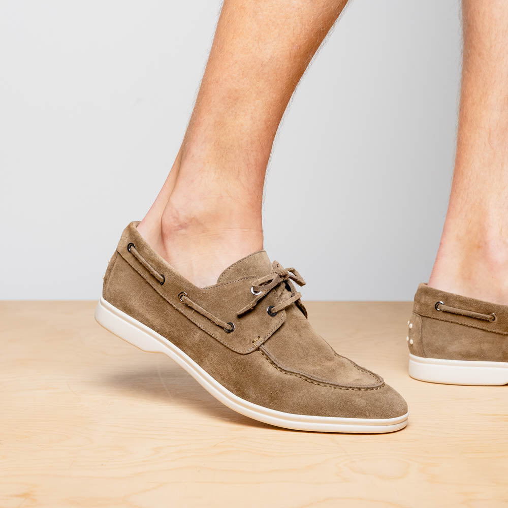 16-675-TPE VENICE Italian Sueded Goatskin Boat Shoes, Taupe
