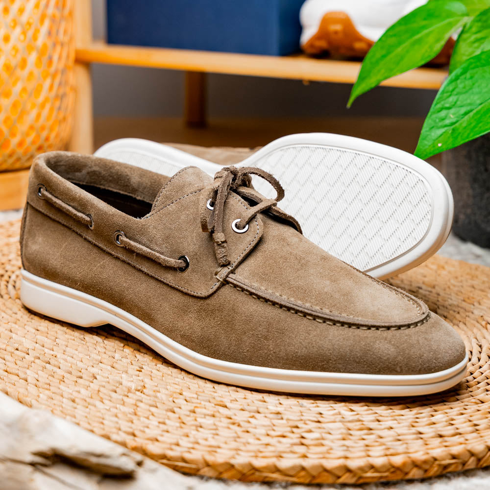 16-675-TPE VENICE Italian Sueded Goatskin Boat Shoes, Taupe